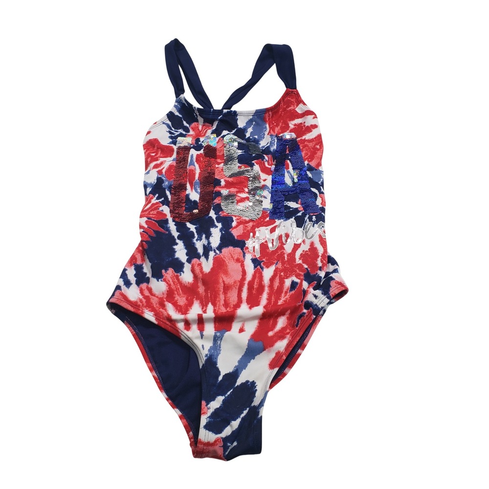 Justice Girls USA Tie Dye One Piece Swimsuit 18 Red White Blue Sequin
